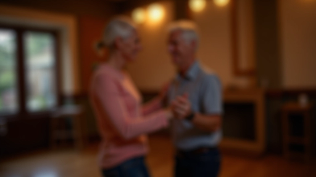 Mature couple in dance position, focused on upper body posture and hand connection