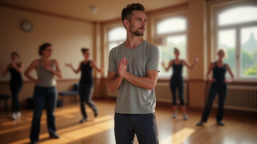 Dance instructor demonstrating basic salsa steps to a small group of adult students in a studio setting