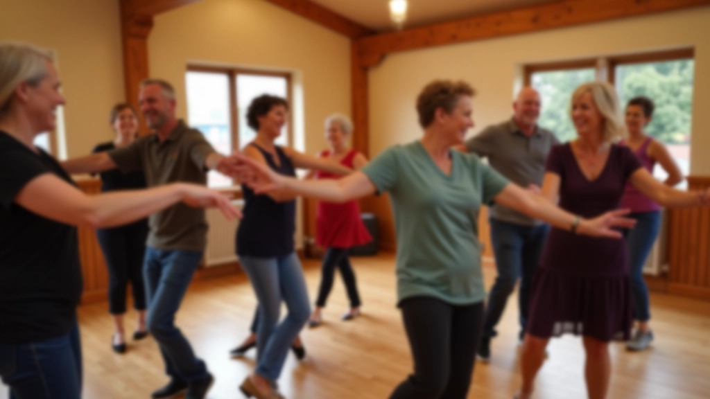 Mature adults enjoying social dancing in a bright studio environment