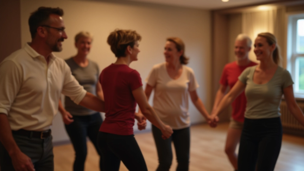 Group of adult beginners dancing together in a friendly dance class, smiling and supporting each other