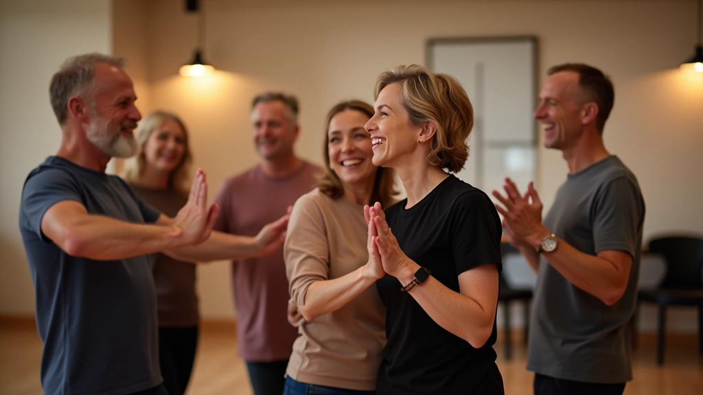 Group of mature adults laughing and socializing together in a dance studio between class sessions