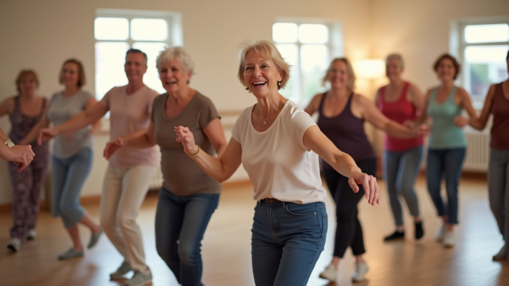 Mature adults smiling and dancing together in a spacious dance studio with mirrors and natural light