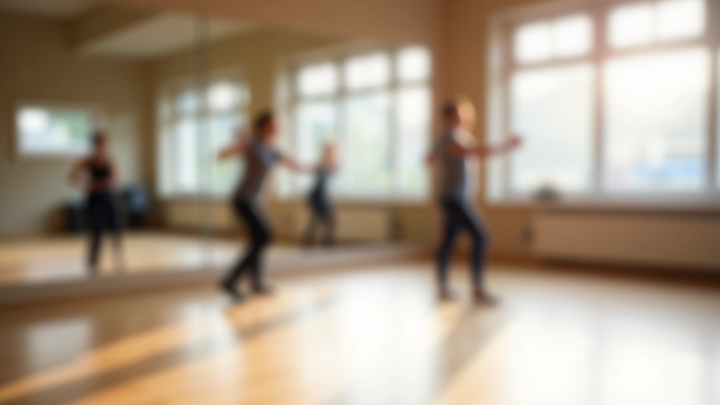 Dance studio interior with mirrors, wooden floor, and people in background during a group class