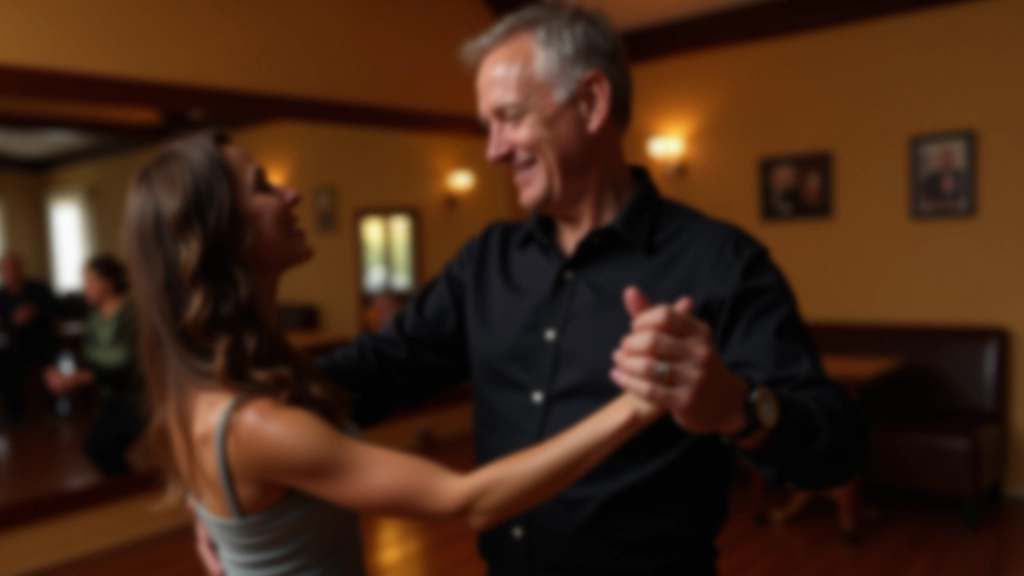 Man in dark shirt and woman in salsa dress dancing salsa together in studio setting