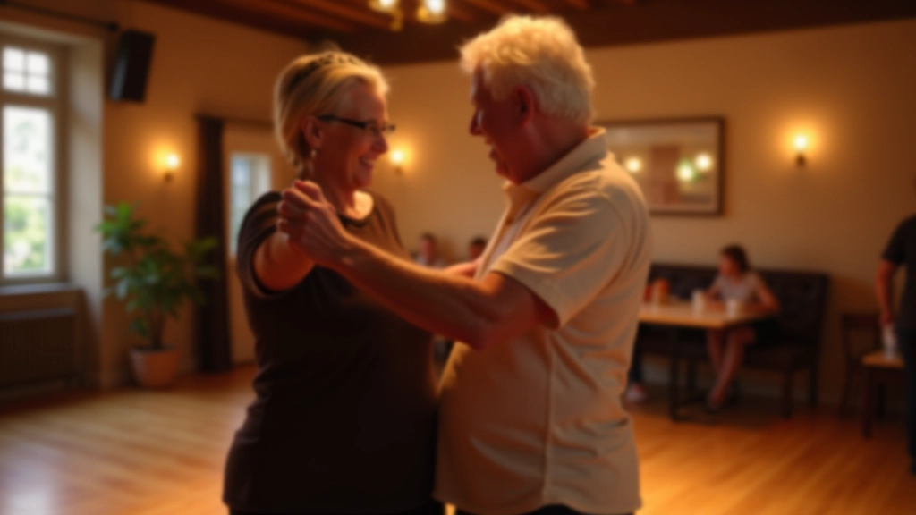Mature couple dancing salsa together in modern dance studio with warm lighting