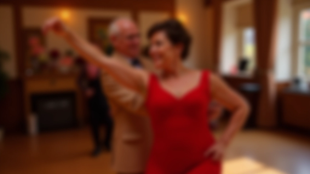 Woman in red dress dancing bachata with partner in dance studio with wooden floor