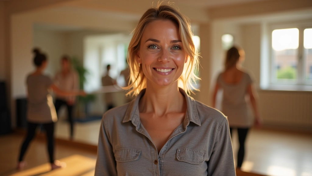 Mature woman smiling while dancing in bright, welcoming studio environment